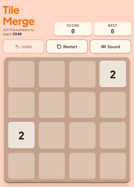 Tile Merge at the start of a game: an empty 4 by 4 board with two 2 tiles, score 0, and Undo, Restart and Sound buttons