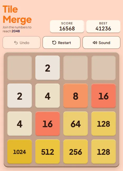 Tile Merge board ready to collapse: bottom row 1024, 512, 256, 128 with another 128 directly above the last 128 in the third row