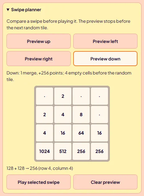 Tile Merge swipe planner open with Preview down selected, reporting 1 merge, plus 256 points and 4 empty cells, with a mini board showing the result and the merge 128 + 128 into 256 at row 4 column 4