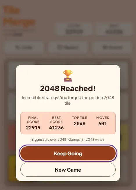 Tile Merge 2048 Reached dialog with final score, best score, top tile 2048 and moves, plus Keep Going and New Game buttons