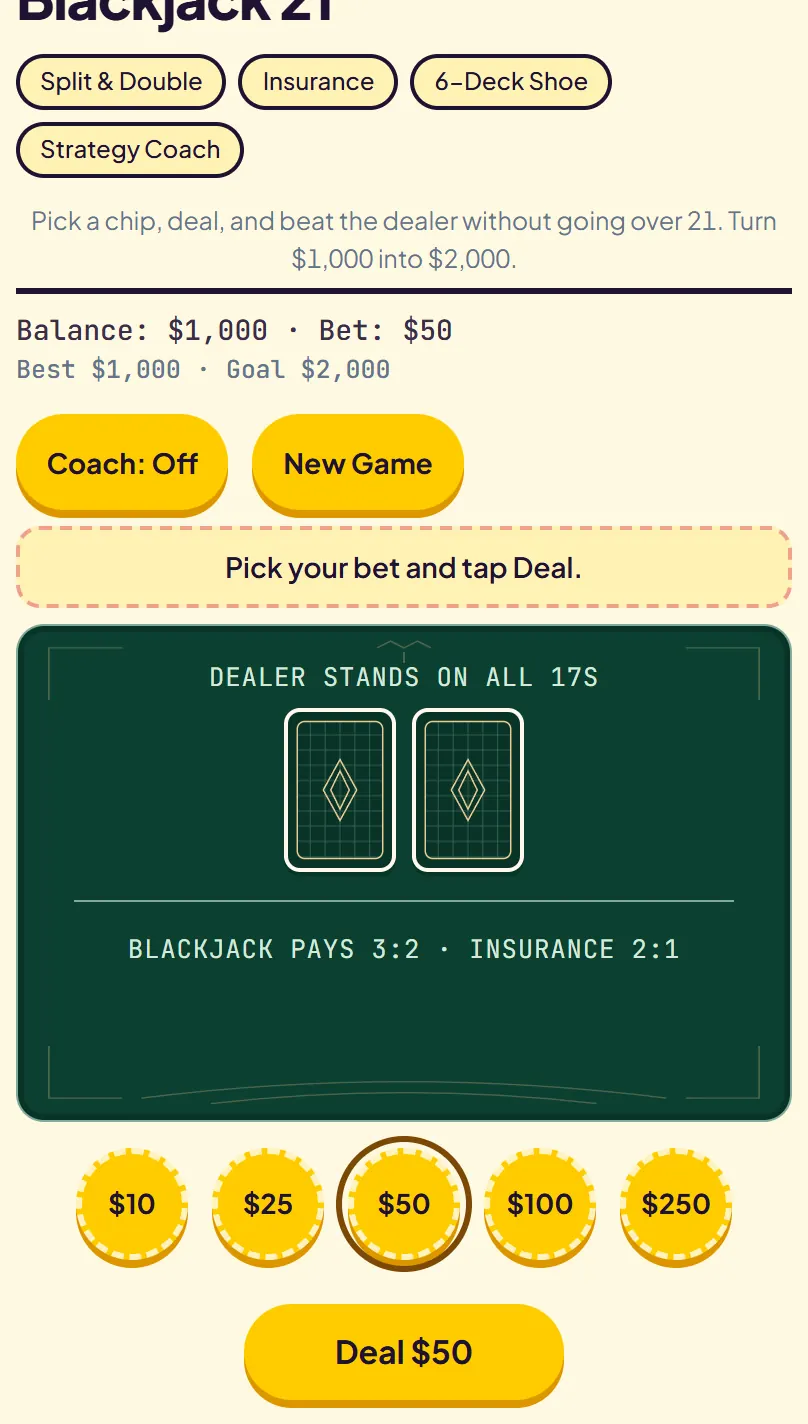 Blackjack 21 betting screen with a $1,000 balance, five chips from $10 to $250 and the $50 chip selected