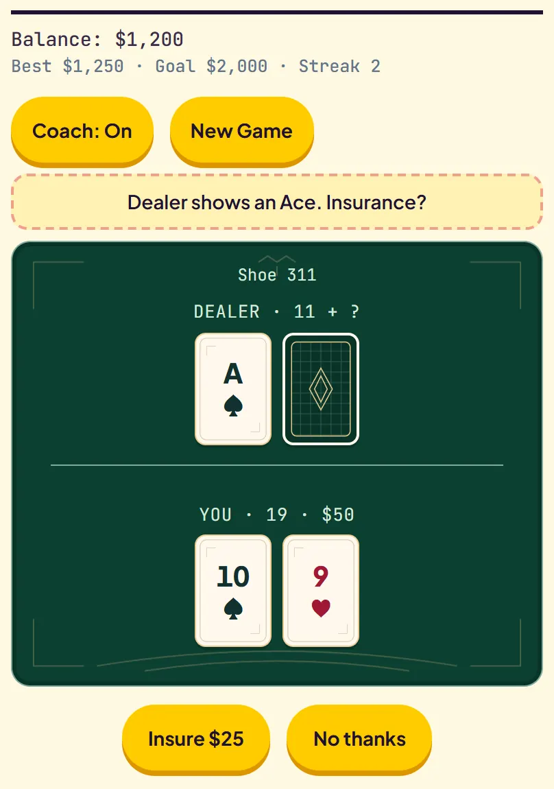Dealer shows an Ace with a hole card down; status reads Dealer shows an Ace. Insurance? with Insure $25 and No thanks buttons