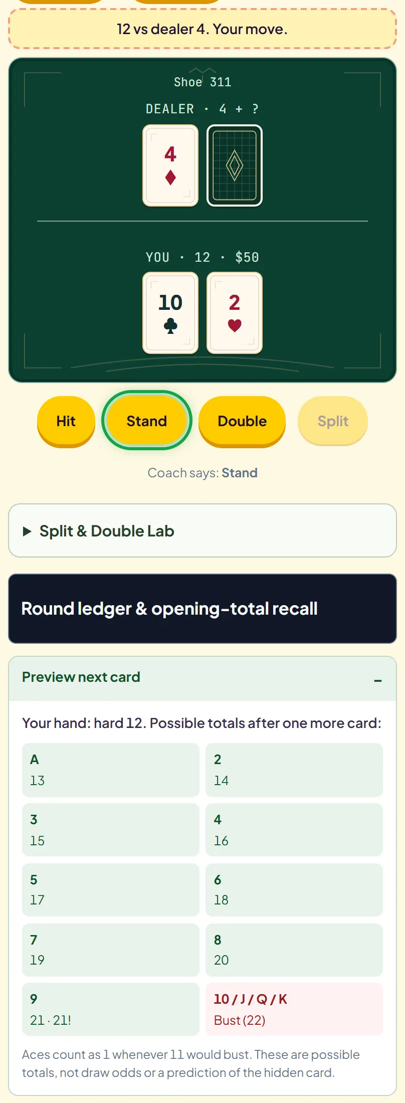 Hard 12 against a dealer 4 with the Coach saying Stand and the Next Card Preview listing totals 13 to 21 and bust on a ten-value card
