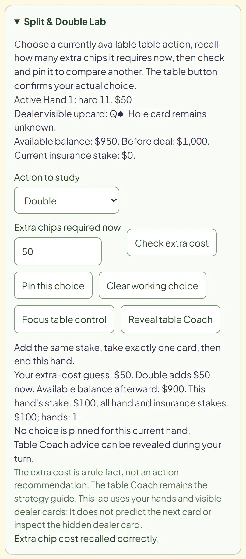 Split and Double Lab panel with Double selected and a $50 guess confirmed: Double adds $50 now, balance afterward $900, hand stake $100