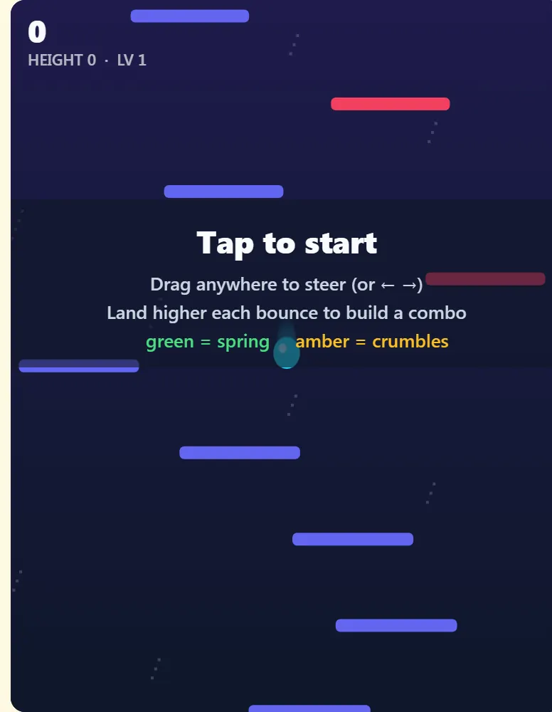 Bounce Ball ready screen with the Tap to start hint: drag anywhere to steer or use the arrow keys, land higher each bounce to build a combo, green pads are springs and amber pads crumble