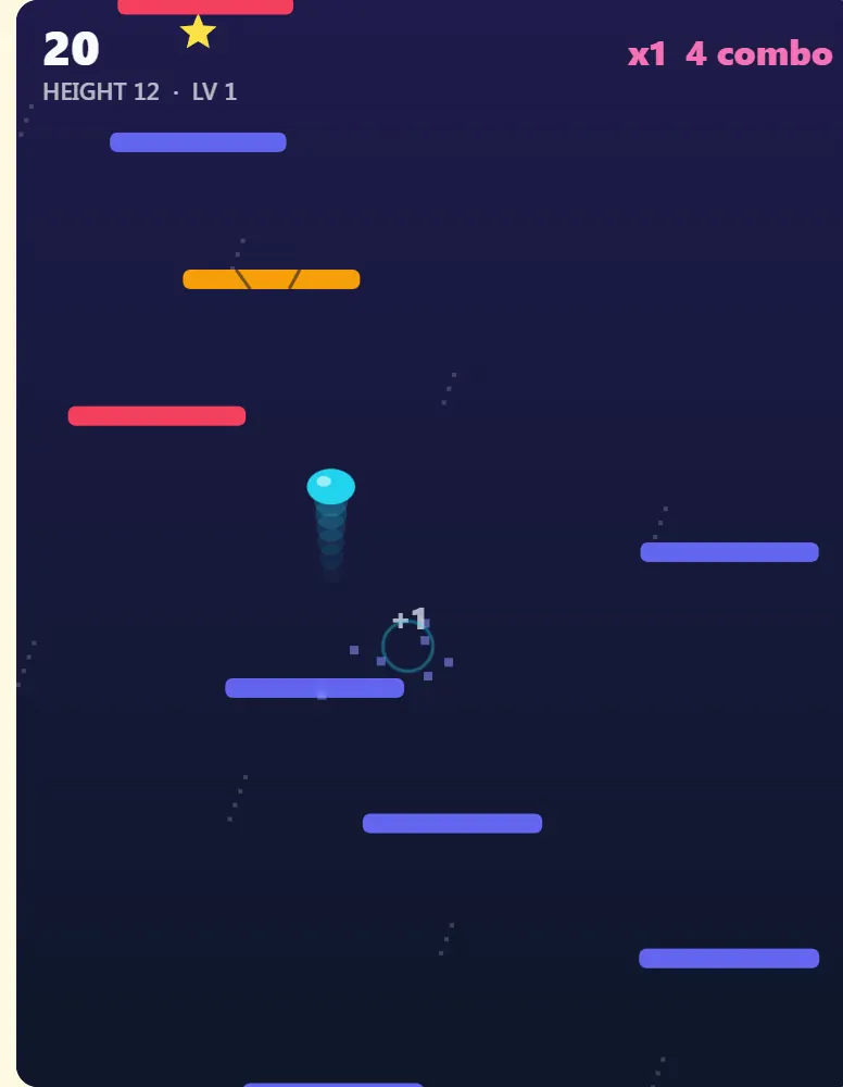 Bounce Ball at height 12 with pink-red moving platforms, an amber crumble pad above and a star bonus at the top of the view