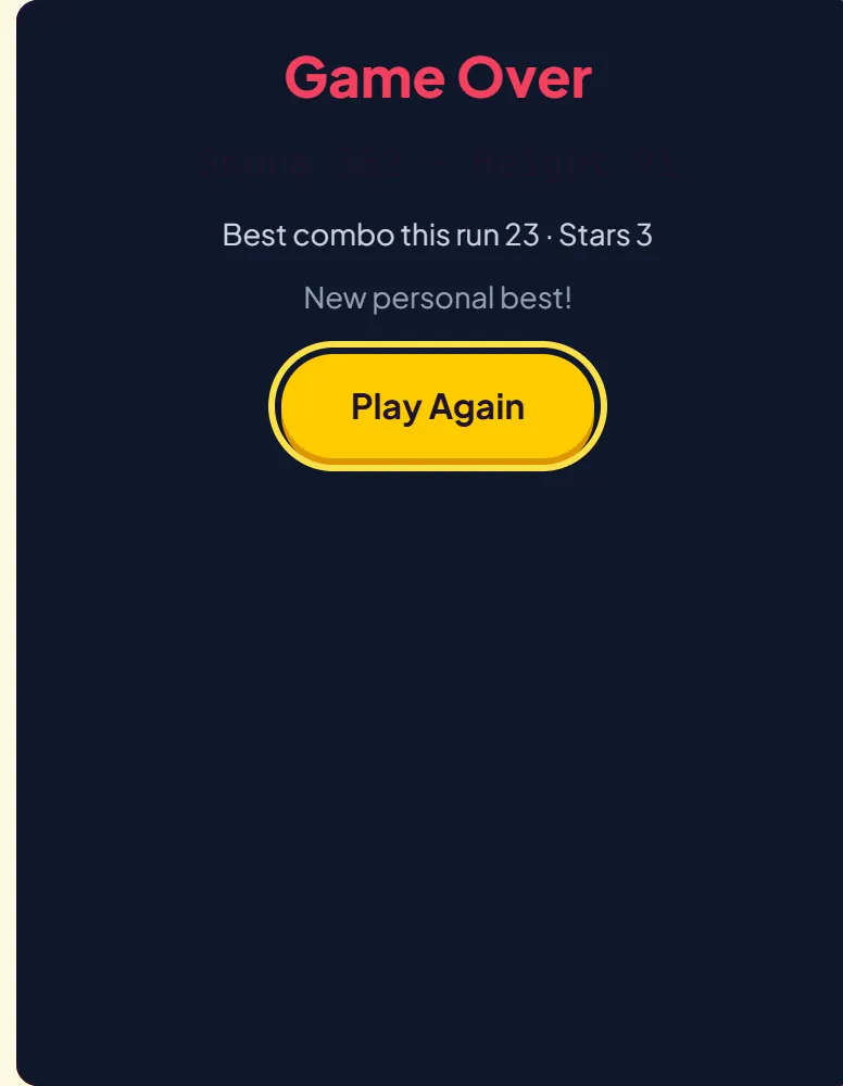Bounce Ball game over card: best combo this run 23, stars 3, new personal best, with a Play Again button