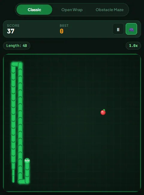 A 40-segment snake folded into tight vertical switchbacks along the left wall of the Classic board, with the head turning up in the third column and an apple far out in the open right side