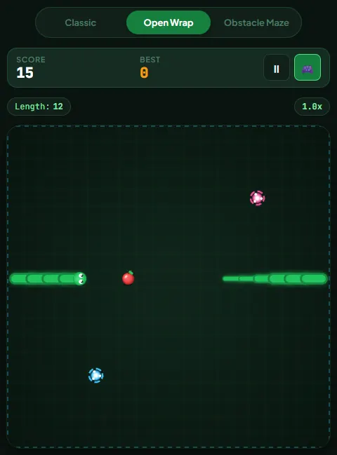 Open Wrap mode with a dashed board border: the snake's tail is on the right edge and its head has wrapped around to the left edge, heading toward an apple, with a cyan and a pink portal on the board