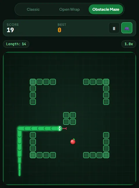 Obstacle Maze mode with four L-shaped barrier brackets near the corners and a two by two pillar in the centre, the snake heading right just below the pillar toward an apple