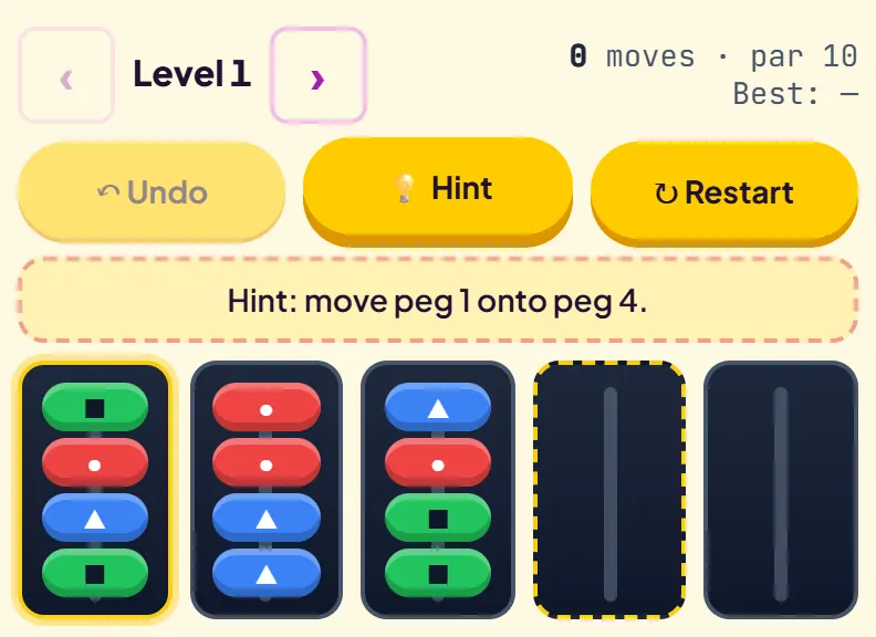 Level 1 with the hint active: peg 1 glowing gold as the source and empty peg 4 outlined with a dashed yellow border, status reading Hint: move peg 1 onto peg 4