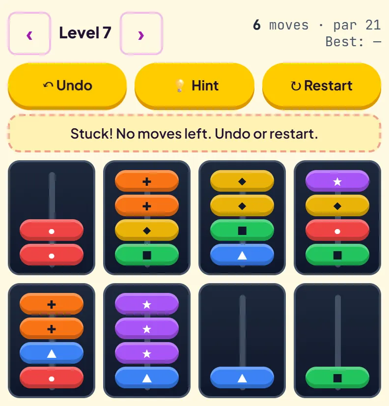 Level 7 after six moves with the status Stuck! No moves left. Undo or restart. Two pegs hold a single ring each, blue and green, and no top colours can match