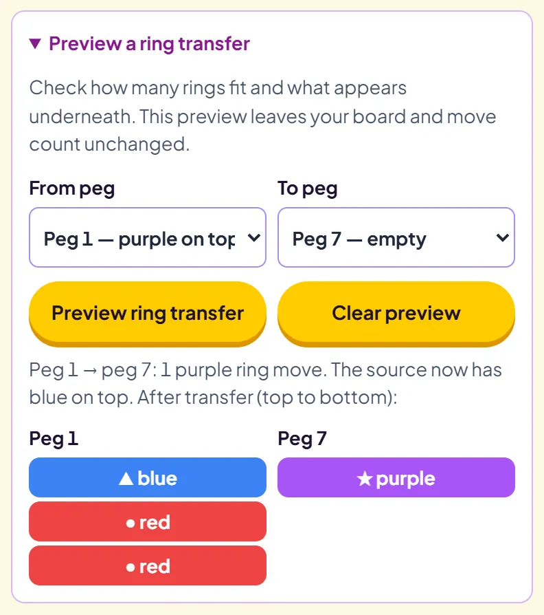 The Preview a ring transfer panel showing peg 1 to peg 7: one purple ring would move, leaving blue on top of peg 1, with both resulting stacks drawn