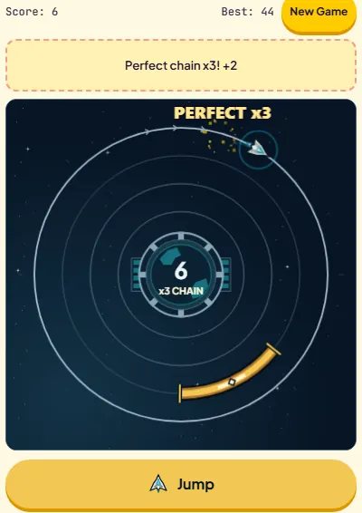 Orbit Jump after three perfect landings in a row, the board showing PERFECT x3 and score 6