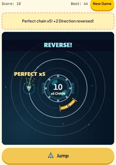 Orbit Jump showing the REVERSE banner and PERFECT x5 after the fifth landing, score 10