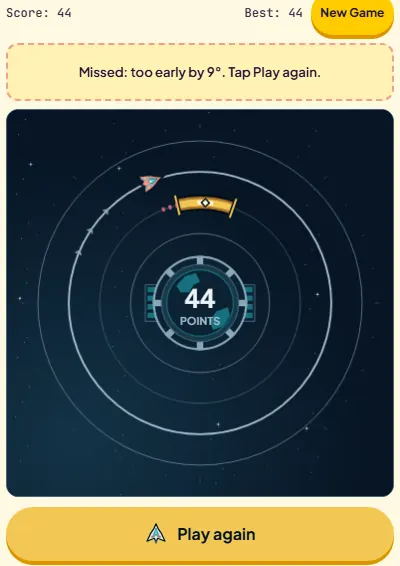 Orbit Jump after a miss, the status reading Missed too early by 9 degrees, score 44 and the Play again button
