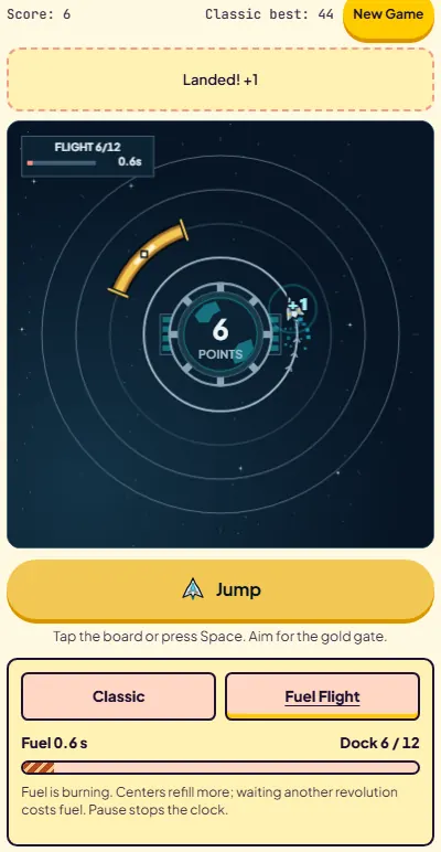 Orbit Jump Fuel Flight after 6 safe landings with 0.6 seconds of fuel left and dock progress 6 of 12