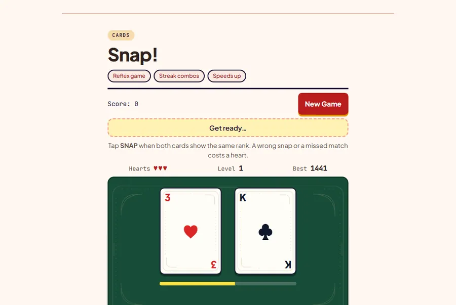 Snap game on a desktop browser showing a 3 of hearts and a king of clubs, three hearts left, level 1, score 0