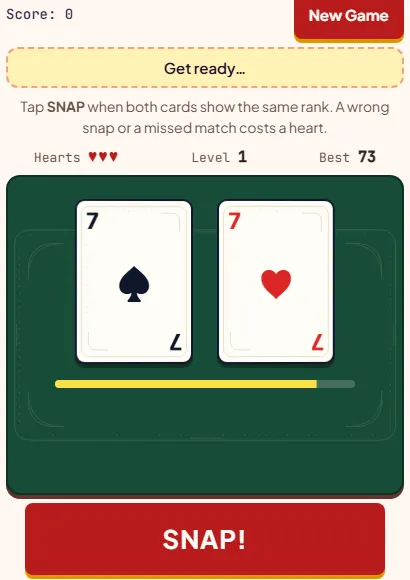 Snap game showing the 7 of spades and the 7 of hearts face up, a matching pair, with the timer bar nearly full