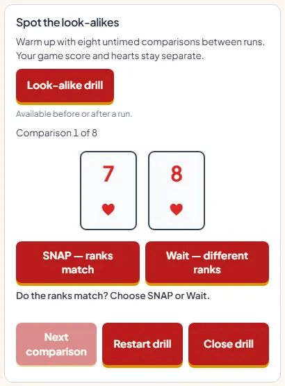 Snap look-alike drill showing comparison 1 of 8, the 7 of hearts and 8 of hearts, with SNAP and Wait buttons