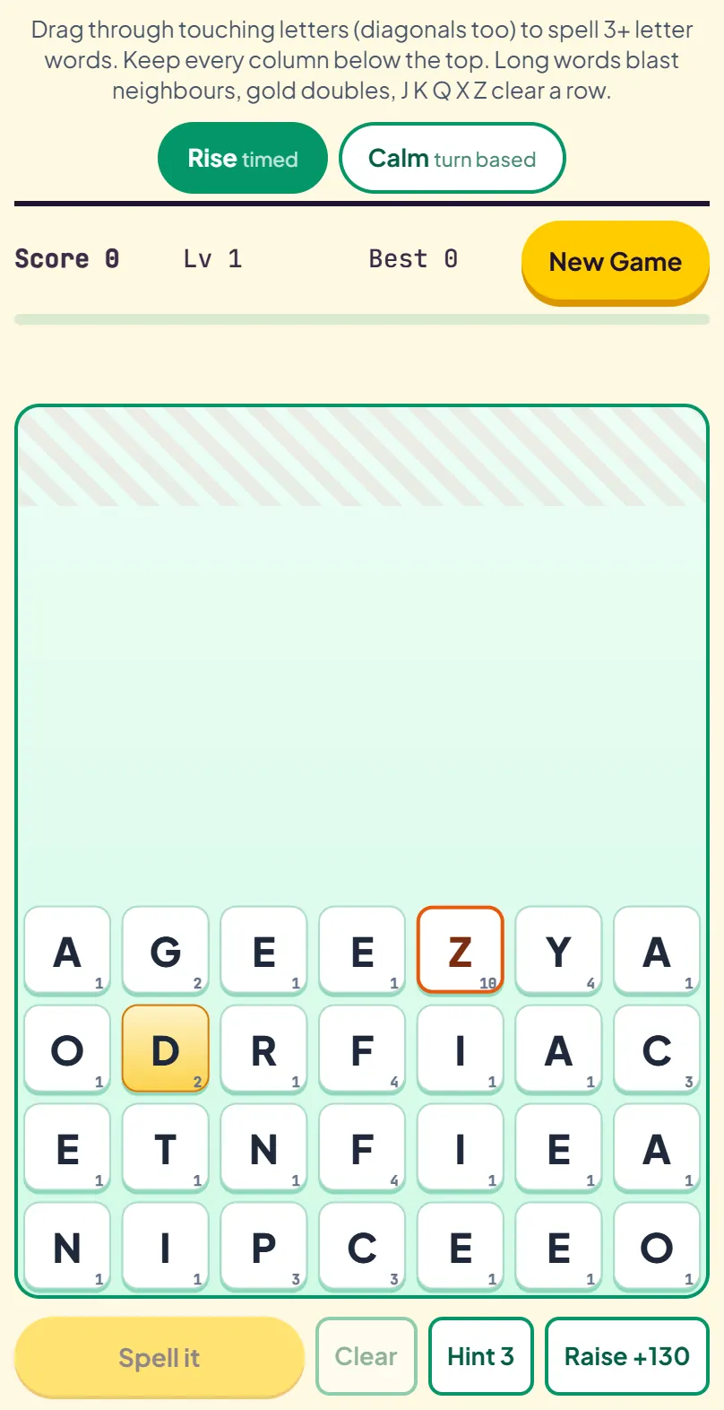 Spell Tower at the start of a Rise game: four rows of seven letter tiles with point values, one gold D and an orange-bordered rare Z