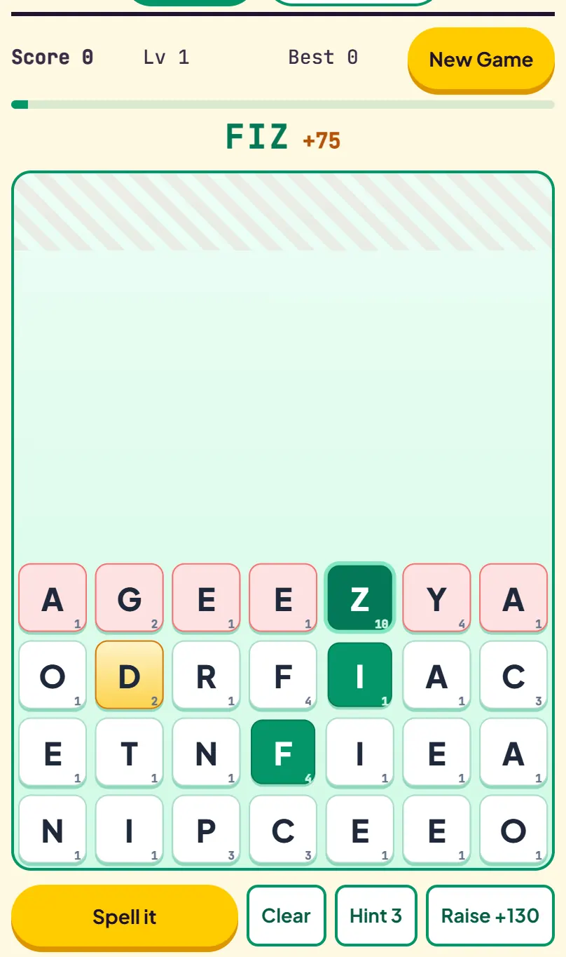 FIZ traced vertically through Z, I and F with the rest of the Z row tinted pink for clearing, word bar showing FIZ +75