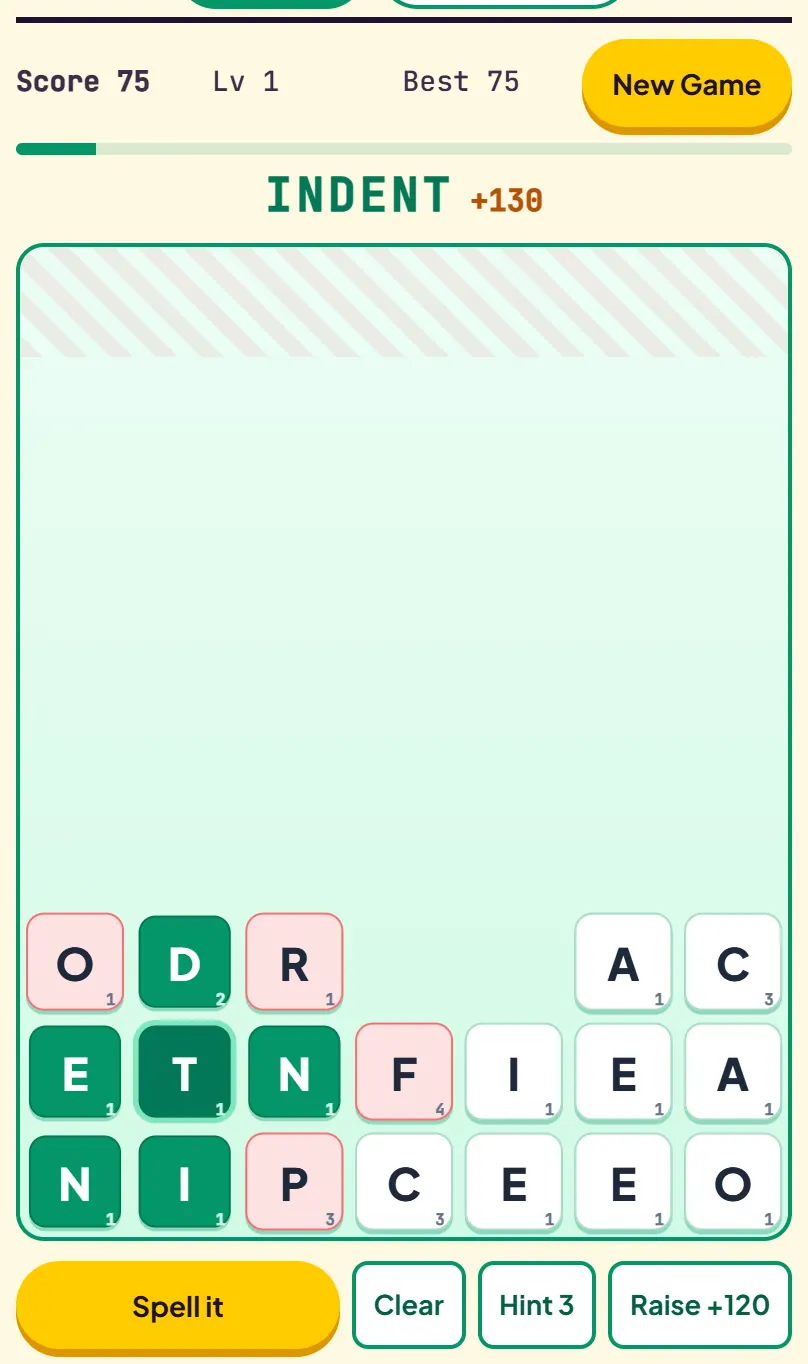 INDENT traced across the bottom rows with four neighbouring tiles tinted pink, word bar showing INDENT +130