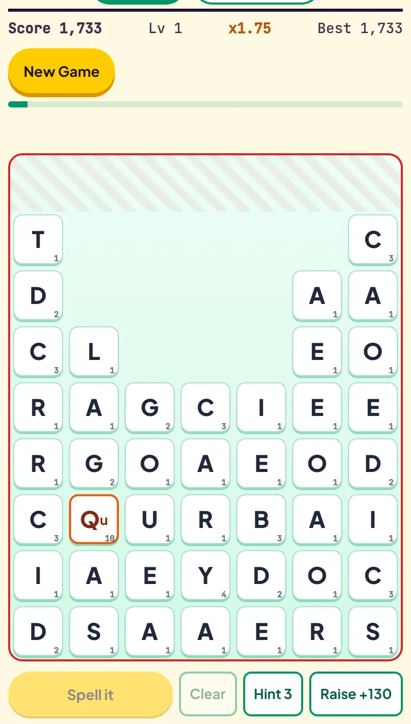 Spell Tower with a red danger border, the two rightmost columns stacked eight tiles high