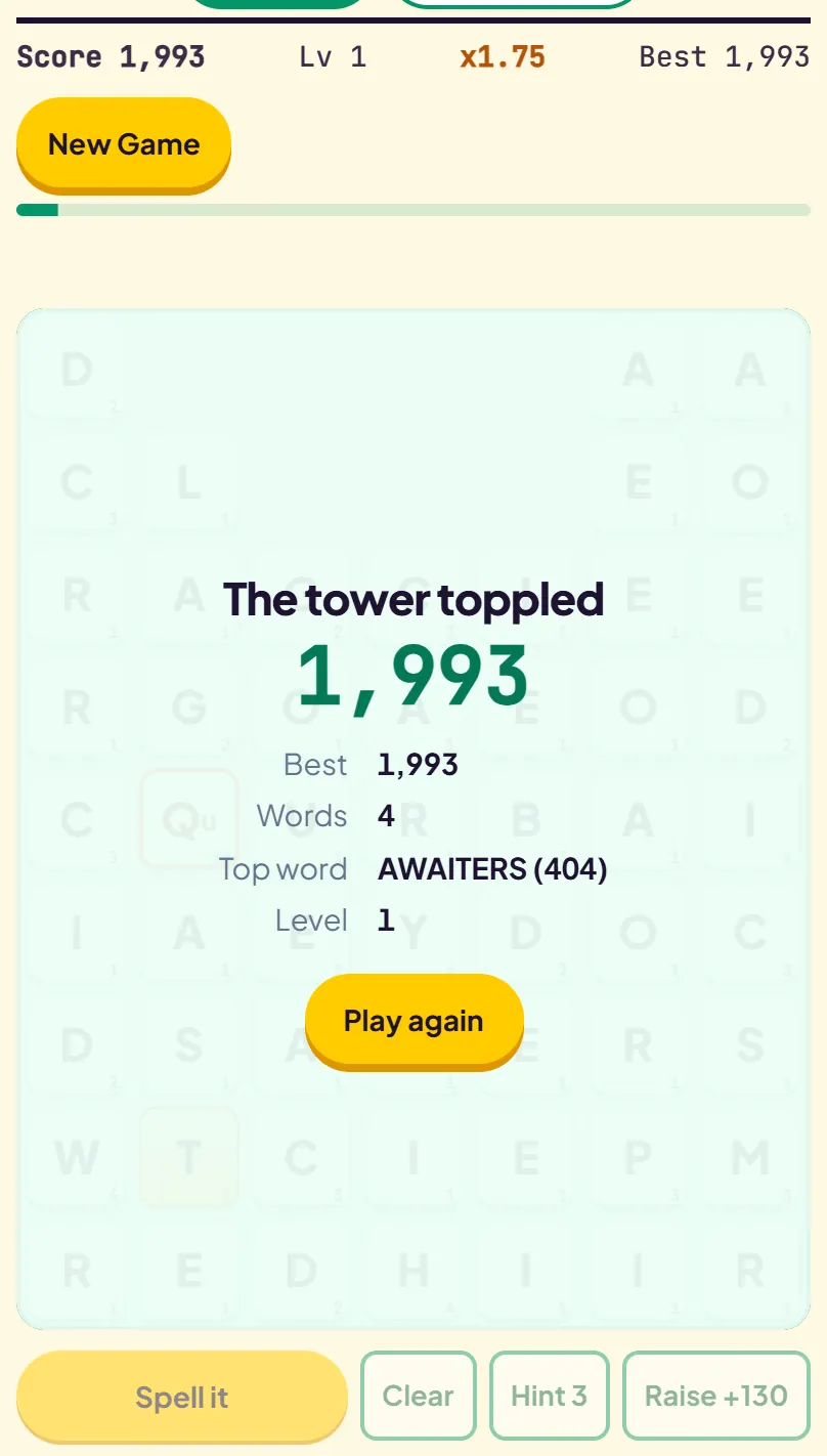 Game over screen reading The tower toppled with a score of 1,993, 4 words, top word AWAITERS for 404 points, level 1