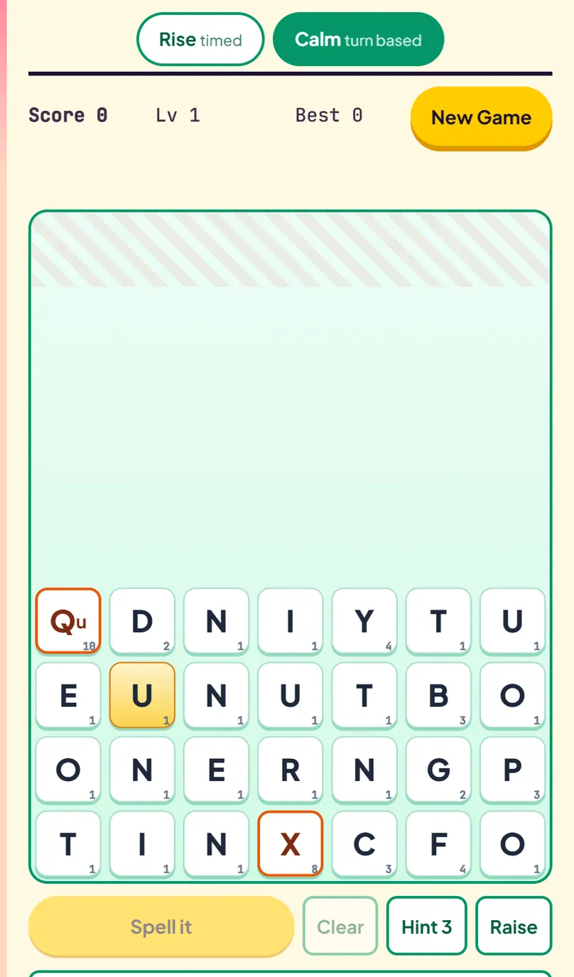 Spell Tower in Calm mode with no timer bar, four rows of letters including a Qu tile and a rare X, and a plain Raise button