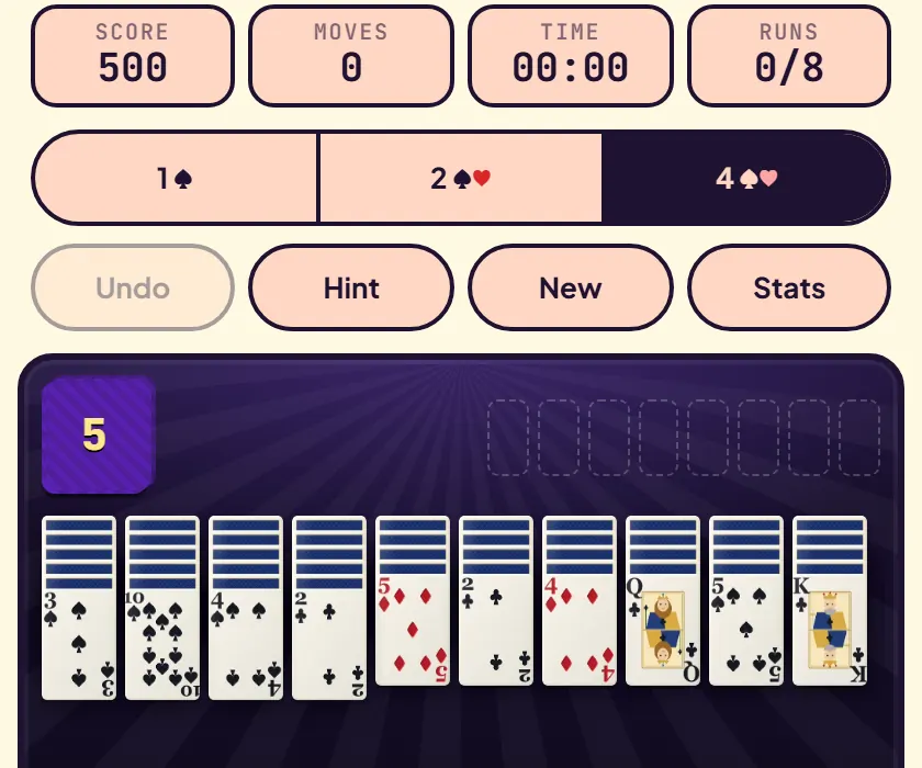 Spider Solitaire just dealt in four-suit mode: ten columns with face-down cards and one face-up card each, a stock pile showing 5, and eight empty slots for finished runs