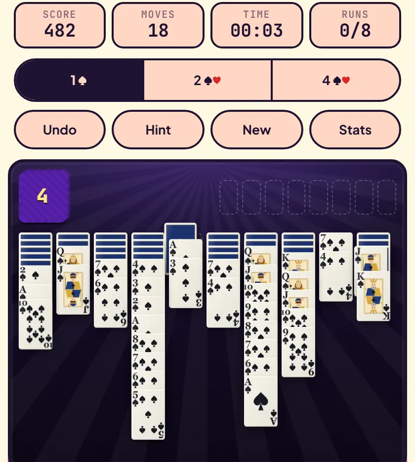 One-suit Spider Solitaire midgame at move 18 with several columns of connected spade stacks and a few face-down cards remaining