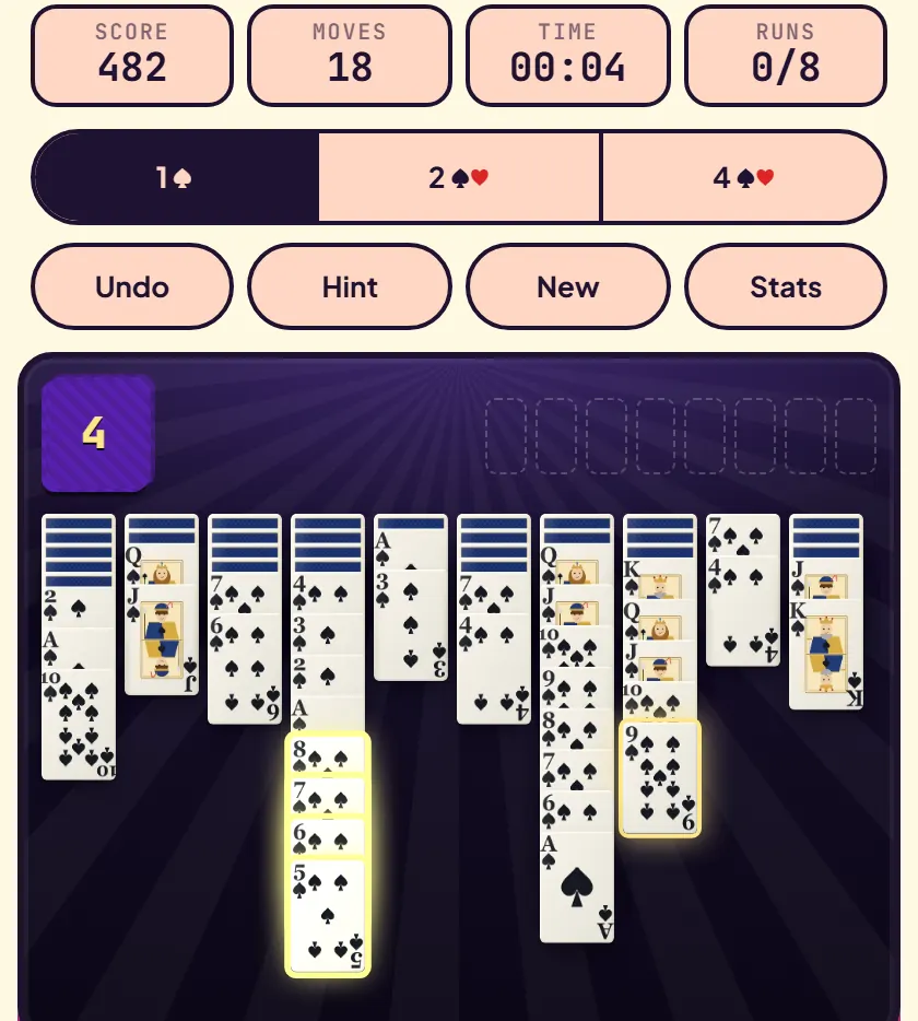 One-suit Spider board at move 18 with a hint showing: an 8, 7, 6, 5 of spades stack glowing yellow in column 4 and a 9 of spades glowing in column 8