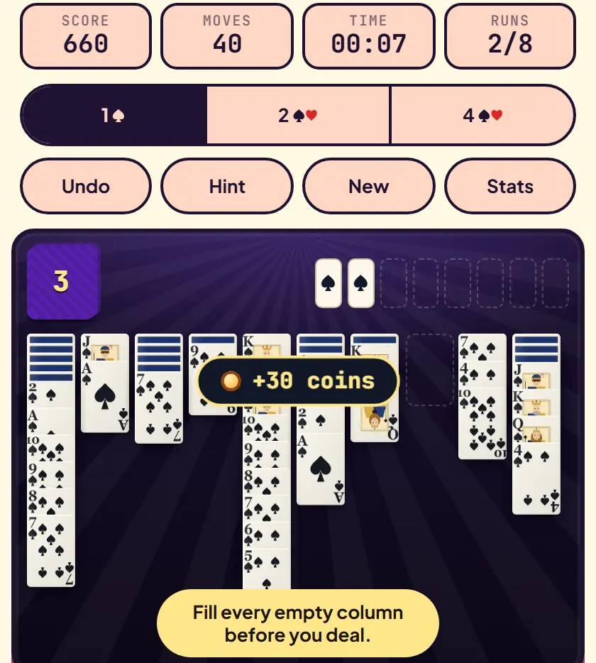 One-suit Spider game in progress with an empty column right of center and a toast reading Fill every empty column before you deal