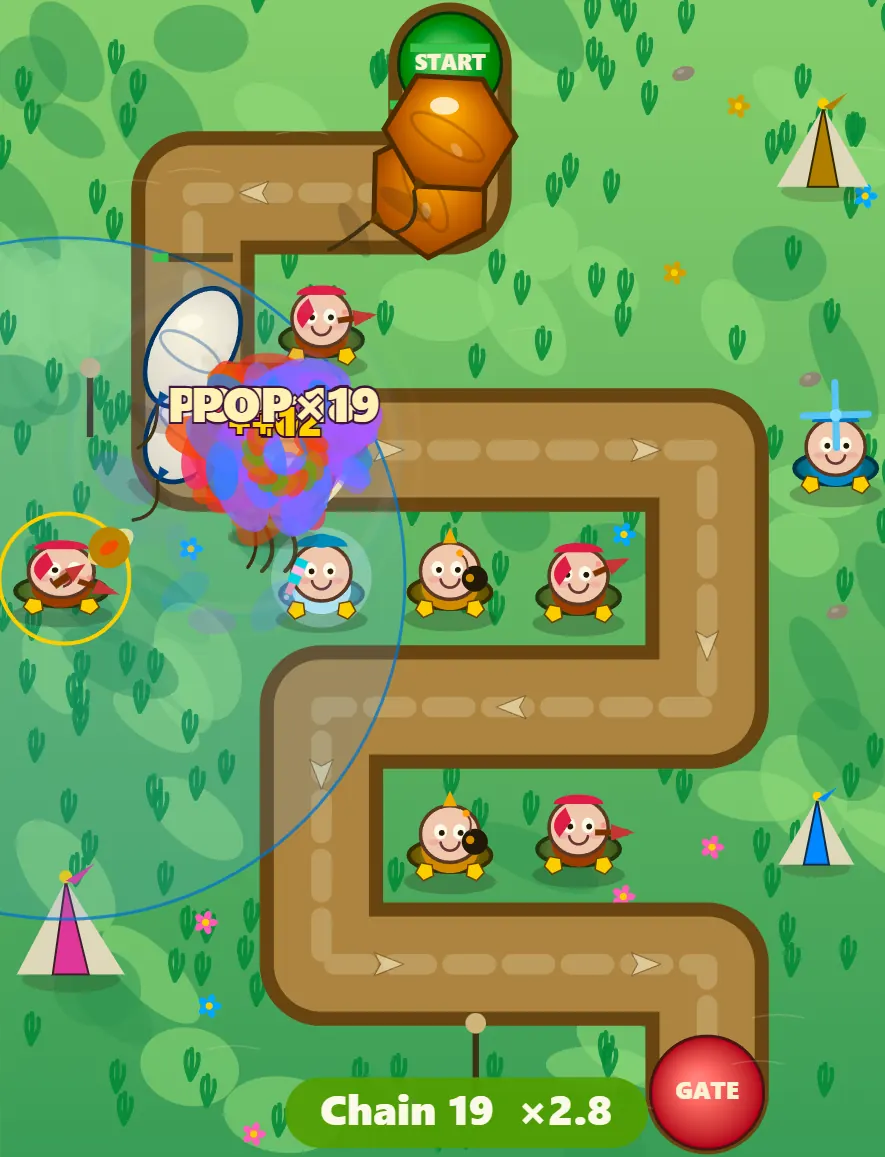 Fort Pop on the Midway map during wave 15: upgraded Pin, Fan, Confetti and Ice pop towers packed into the bends of an S-shaped path, popping balloons near the start with a 19-pop chain