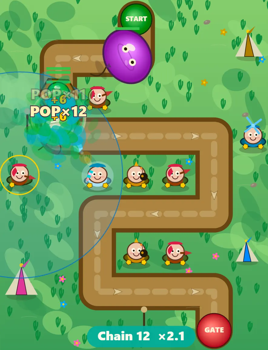 Fort Pop wave 10 Parade boss on the Midway path surrounded by upgraded Pin, Fan, Confetti and Ice pop towers