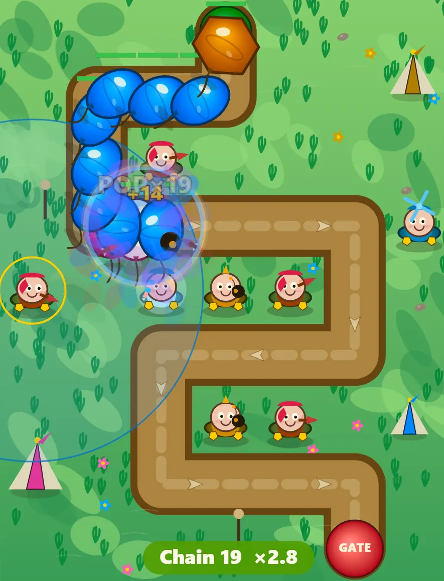 Fort Pop wave 20 on Midway with every tower upgraded, a line of blue Zip balloons and a Drum being popped near the start of the path