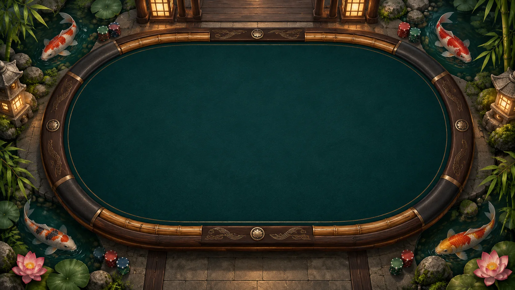 Four Winds poker table: Teal velvet · bamboo · koi garden