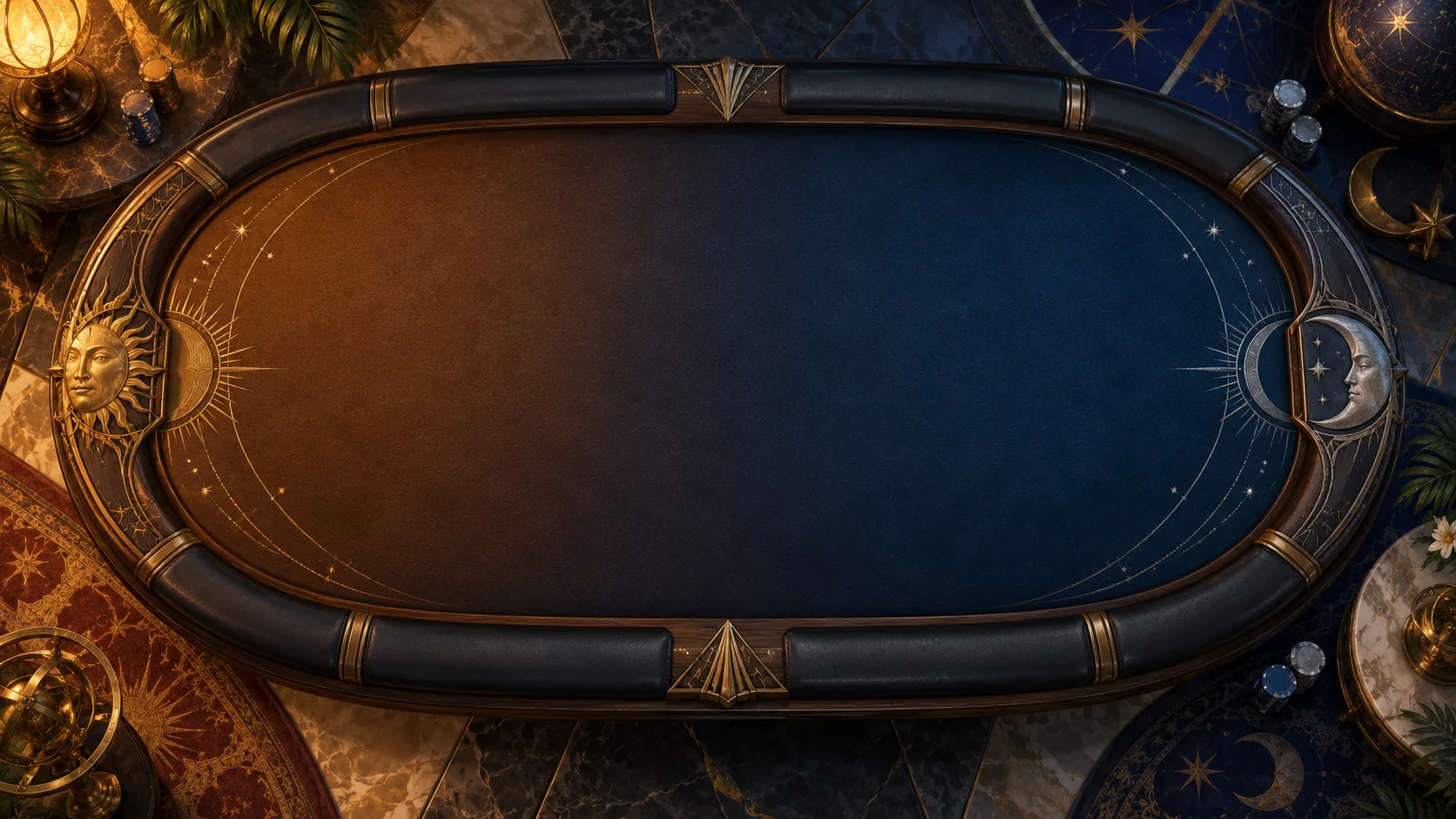 Sun & Moon poker table: Sapphire and amber · celestial inlay